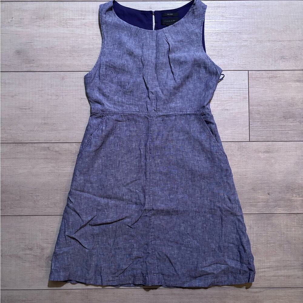 Tahari 100% Linen Sleeveless Sheath Dress with Pockets Blue Coastal OldMoney | 6